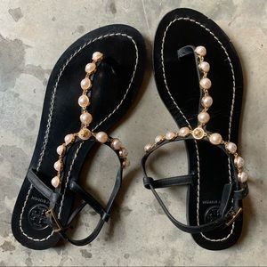 Tory Burch Pearl studded Emmy thong sandals black.